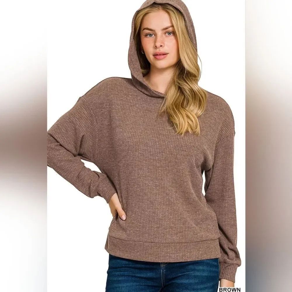 Zenana Ribbed Long Sleeve Hoodie in Brown size Medium